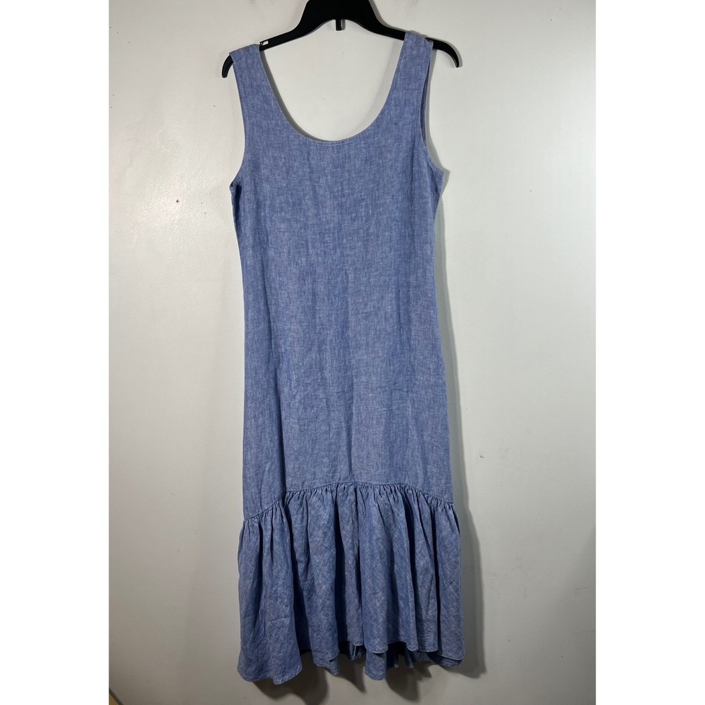Polo Ralph Lauren Sleeveless Linen Midi Dress Ruffle SP Blue Linen